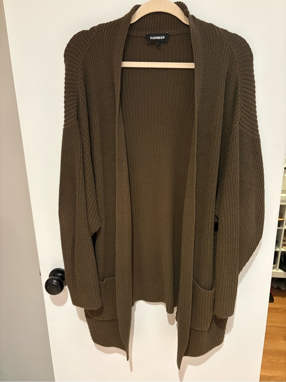 Express Olive Open-Front Knit Cardigan with Pockets